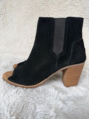 TOMS Black Perforated Suede Peep-Toe Block Heel Ankle Boots